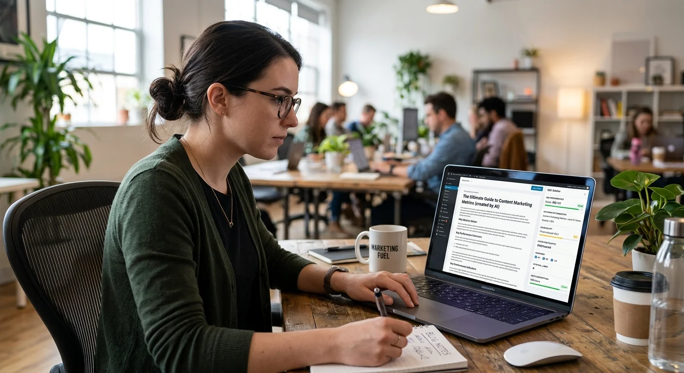 Content marketer using AI blog writing tools to review and edit a generated blog post