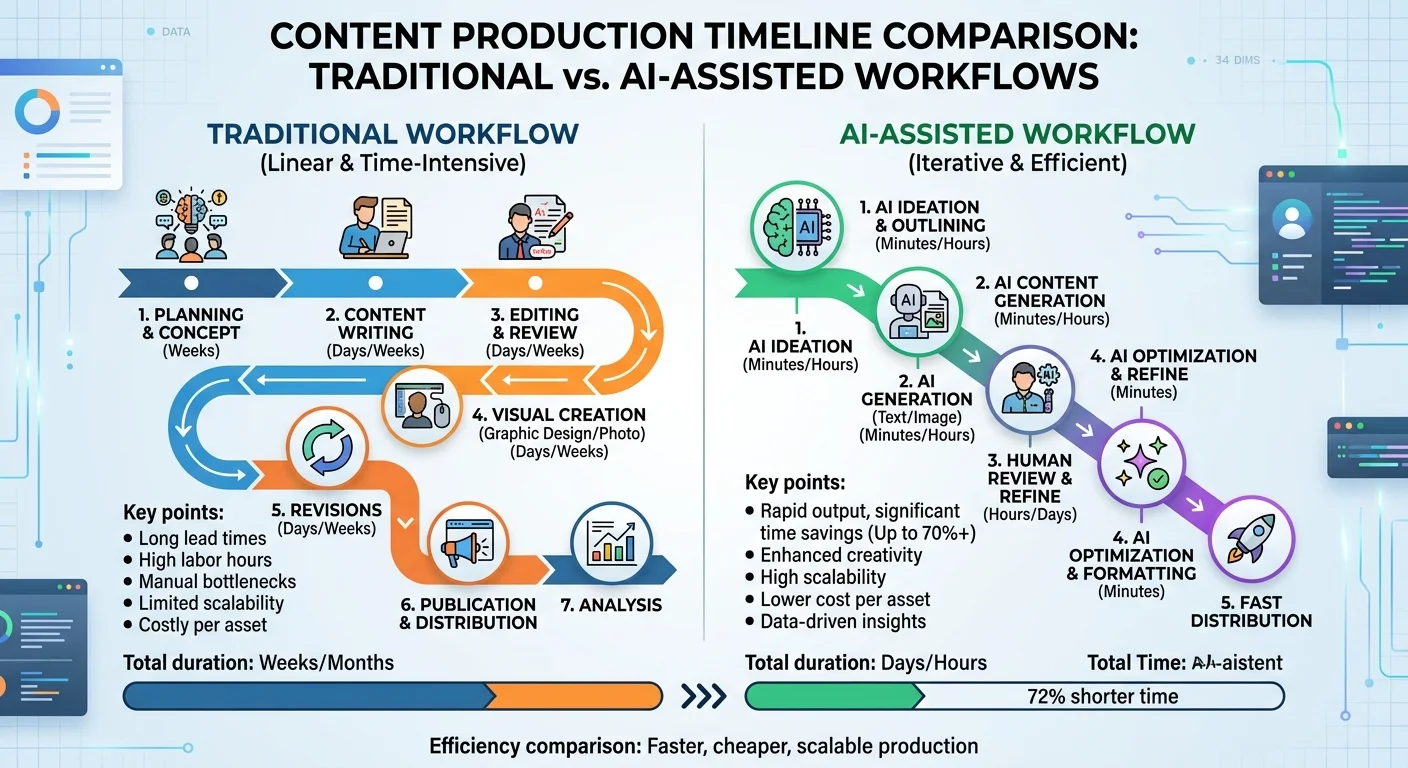 Side-by-side comparison of traditional writing timeline versus AI blog writing workflow