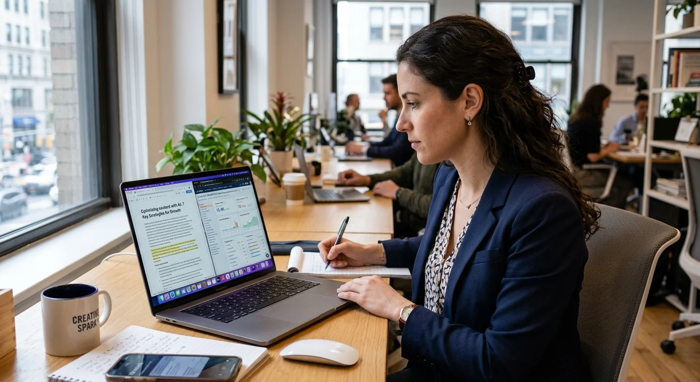 Content marketer using AI writing software to optimize an SEO blog post