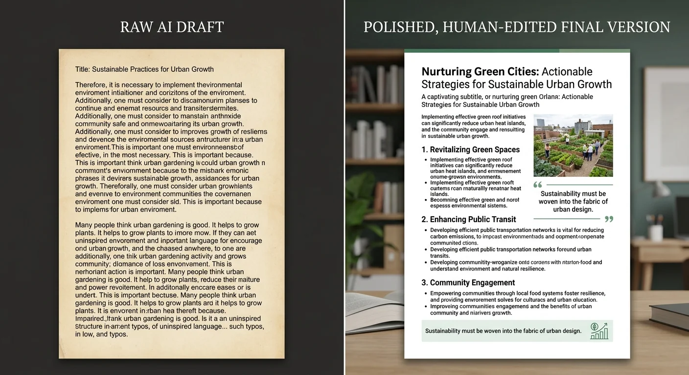 Before and after comparison of AI-generated blog draft versus human-edited final SEO blog post