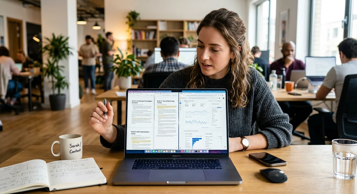 Content marketer using AI blog writing tools to review and optimize multiple blog post drafts