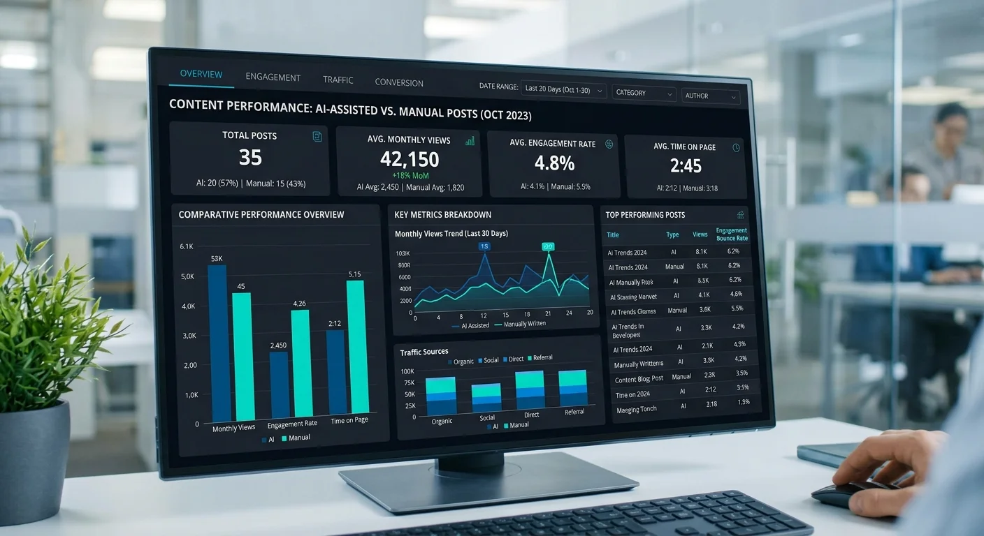 Analytics dashboard comparing performance metrics of AI-generated versus human-written blog posts