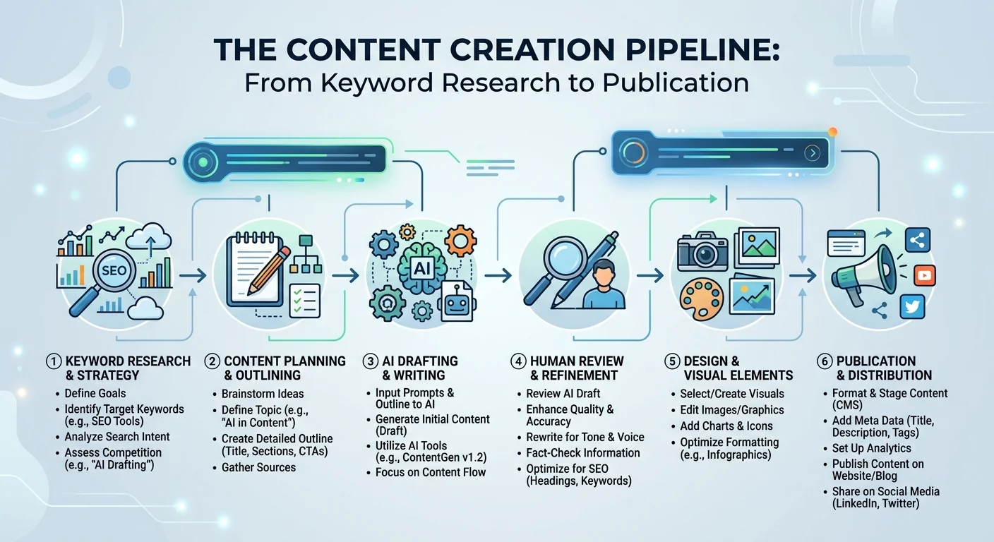AI blog writing workflow diagram with editing and SEO optimization steps